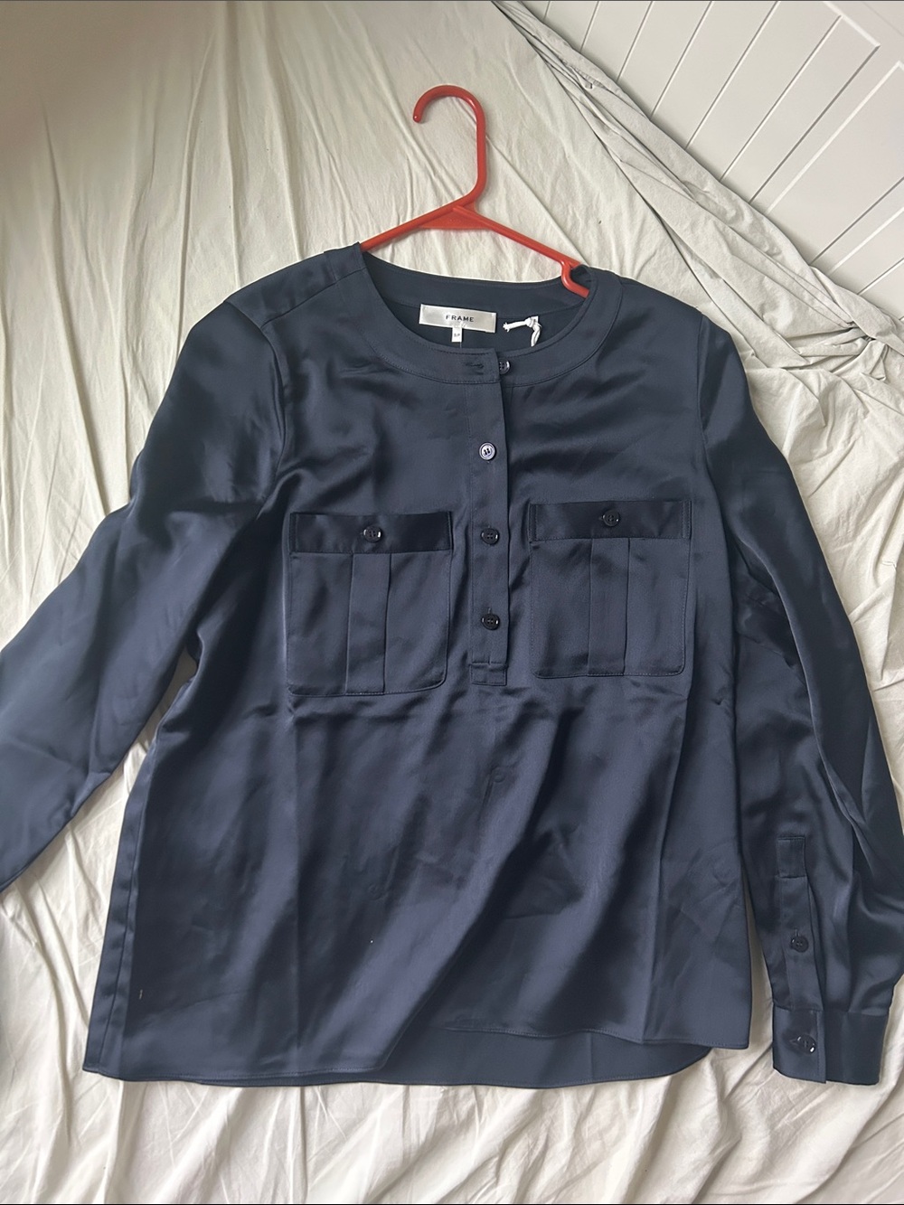 Frame Dark Navy Satin Long-Sleeve Pocket Shirt